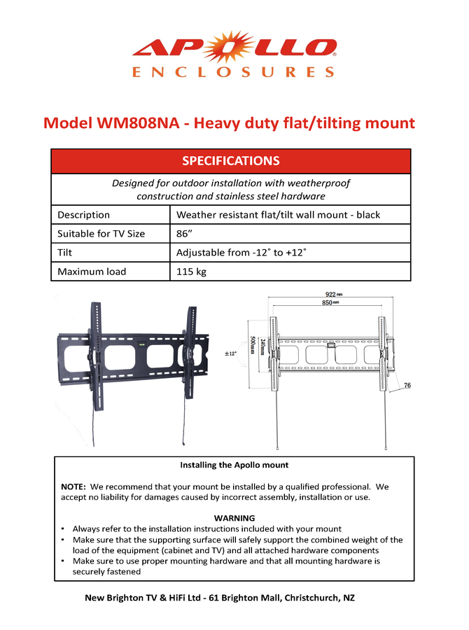 Apollo Flat Tilt Down Wall Mount AE7570 and AE8680